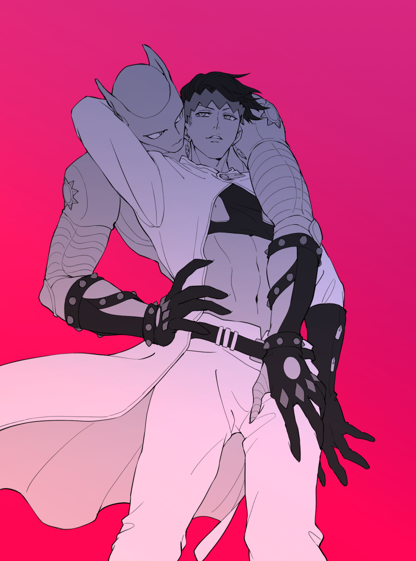 2boys, animal_ears, cat_ears, crop_top, diamond_wa_kudakenai, earrings, hand_on_another's_head, hand_on_another's_thigh