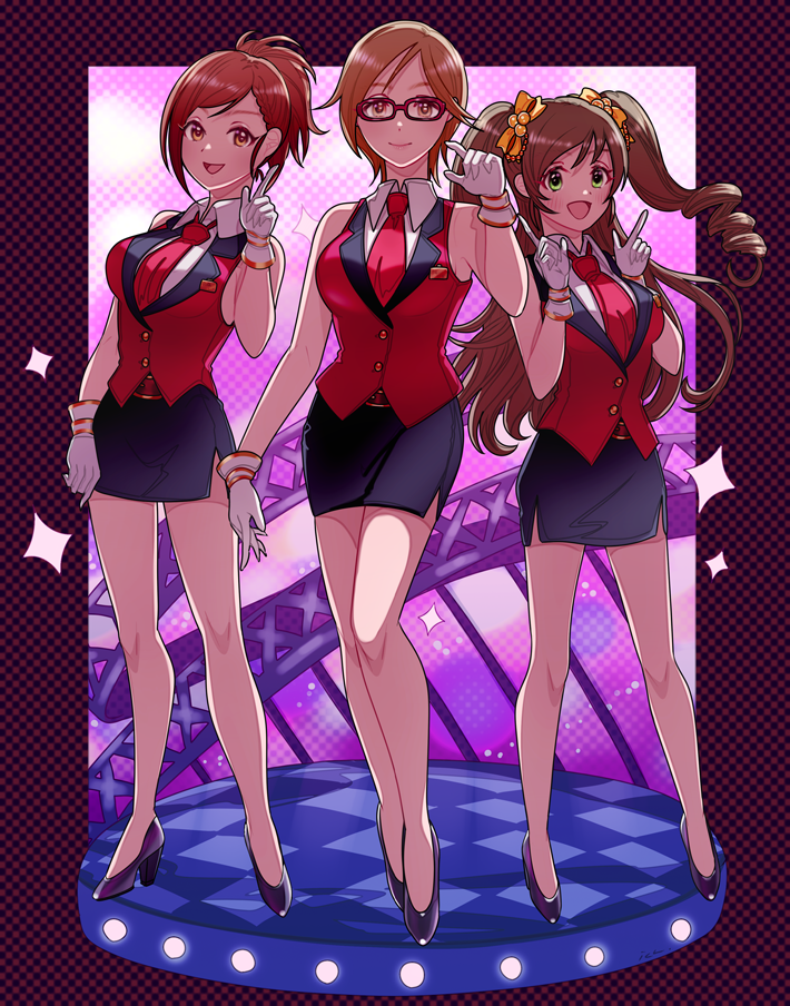 3girls, aikawa_chinatsu, bare_shoulders, black_skirt, braid, breasts, brown_eyes, brown_hair