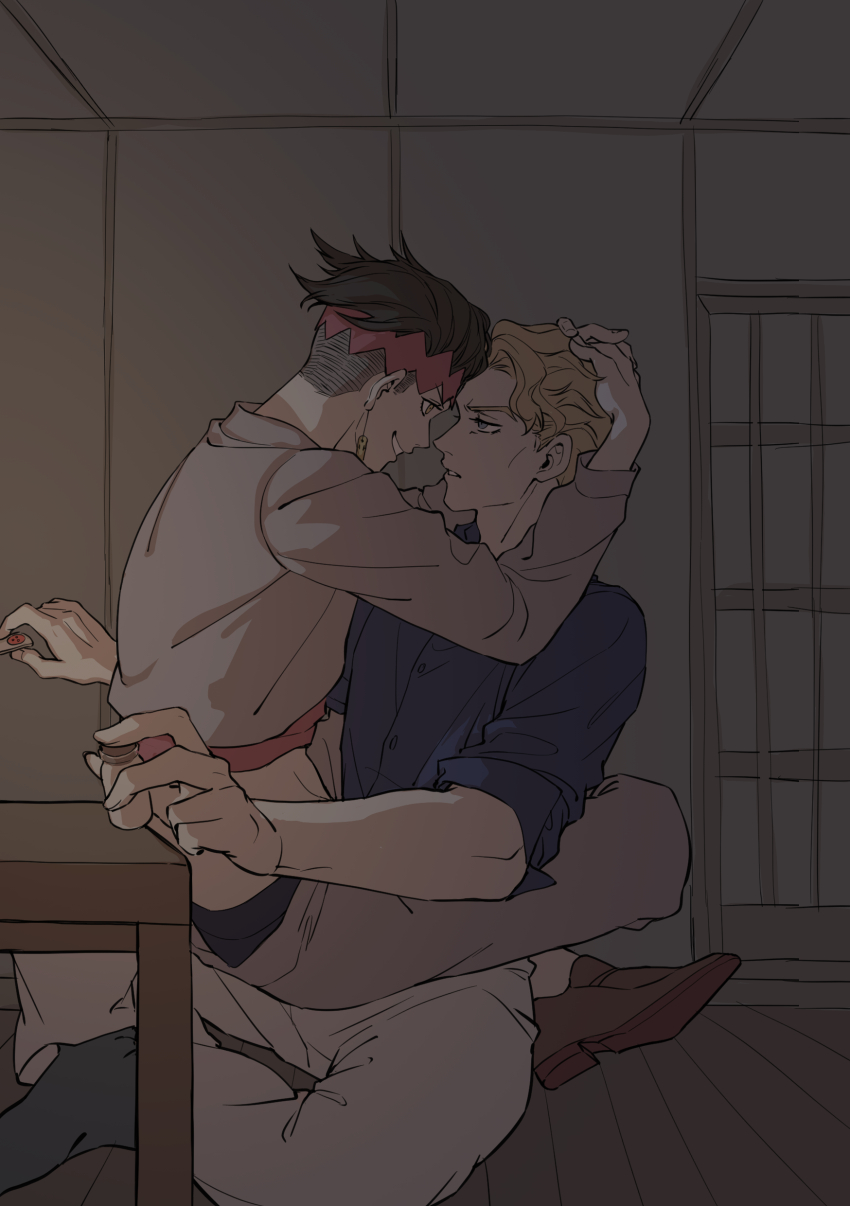 2boys, absurdres, black_hair, blonde_hair, chabudai, crop_top, diamond_wa_kudakenai, dress_shirt