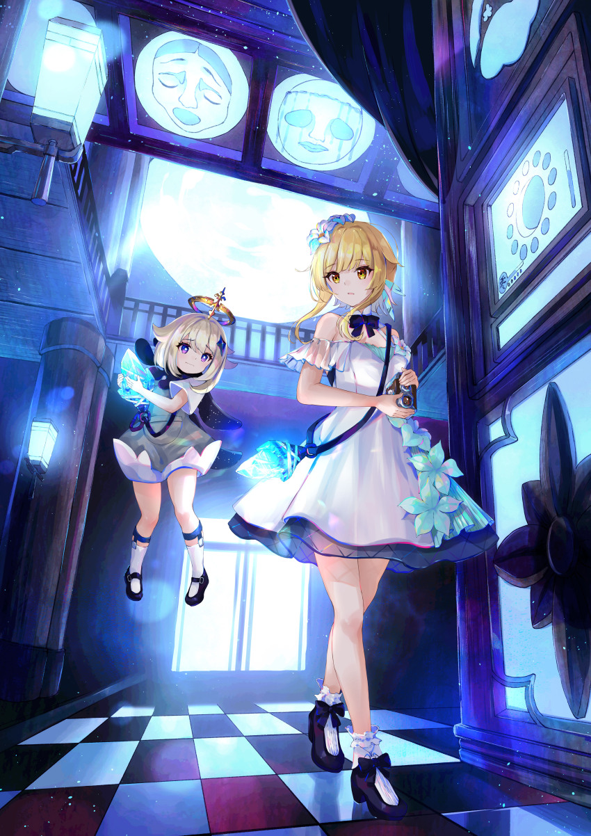 2girls, absurdres, bare_shoulders, black_eyes, black_footwear, blonde_hair, blurry, bow