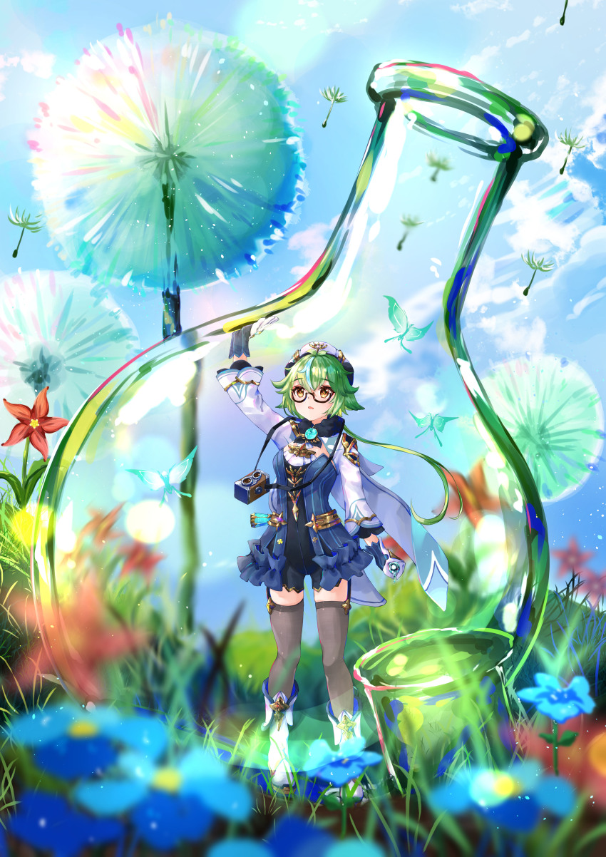 1girl, absurdres, animal_ears, black_thighhighs, blurry, bottle, camera, cape