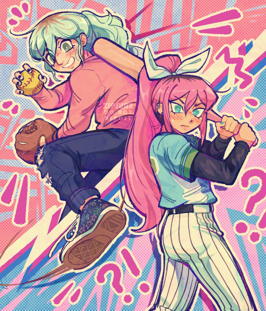!?, 2girls, absurdres, artist_name, aubrey_(omori), ball, baseball, baseball_bat, baseball_glove, black_footwear, black_hair, black_nails, blue_eyes, blue_hair, blue_nails, blush, brown_hair, cris_(omori), denim, earrings, grin, hair_ribbon, highres, holding, holding_ball, holding_baseball_bat, jeans, jewelry, long_hair, long_sleeves, looking_at_viewer, multicolored_hair, multiple_girls, omori, pants, parted_lips, pink_hair, ponytail, ribbon, shoes, smile, sneakers, stud_earrings, teeth, torn_clothes, torn_jeans, torn_pants, white_ribbon, zipsunz