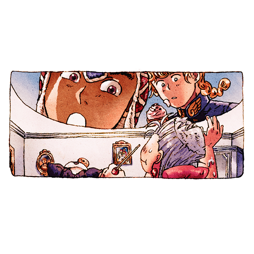 blonde_hair, blush, boston_terrier, braid, brown_eyes, cupcake, dog, drawing_(object)