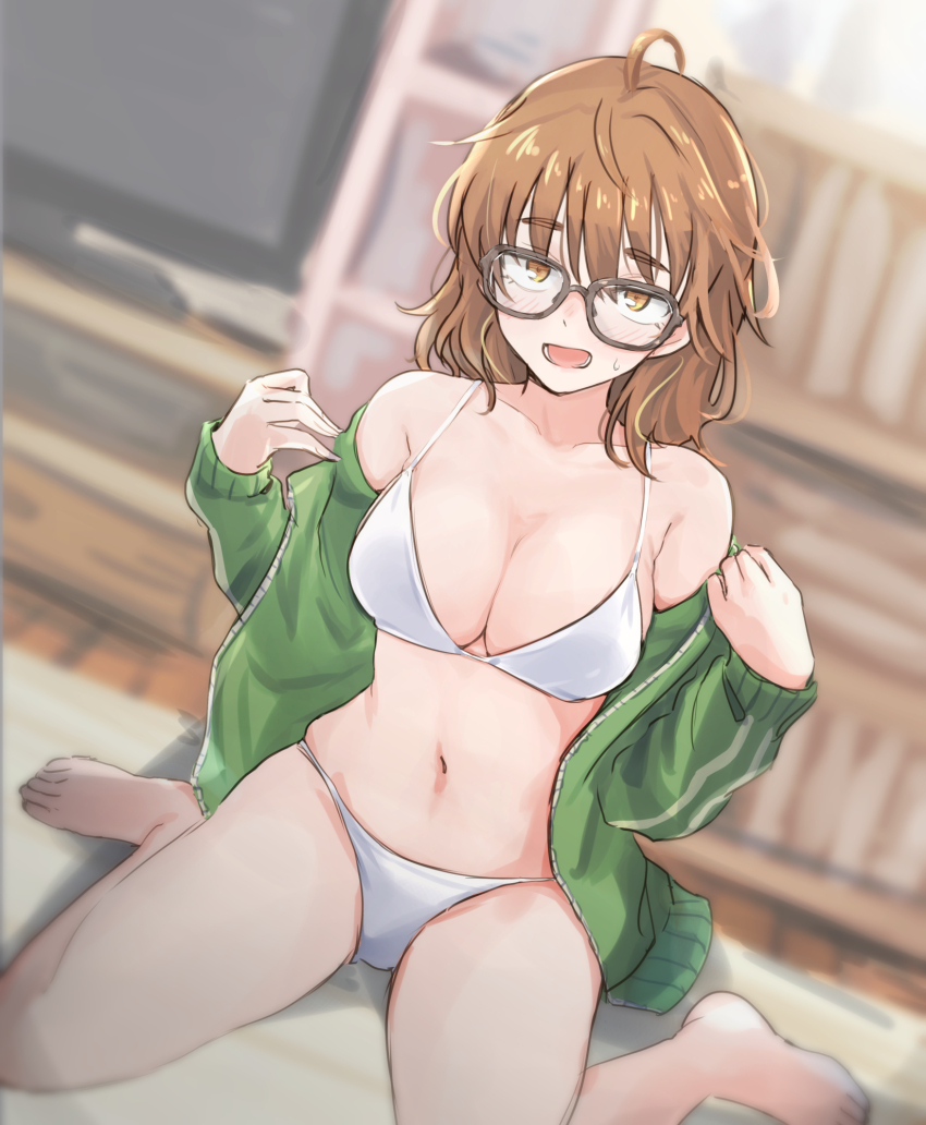 1girl, ahoge, araki_hina, bikini, blurry, blurry_background, blush, breasts, brown_eyes, brown_hair, cleavage, collarbone, glasses, highres, idolmaster, idolmaster_cinderella_girls, idolmaster_cinderella_girls_starlight_stage, indoors, jacket, looking_at_viewer, medium_breasts, messy_hair, navel, off_shoulder, open_mouth, short_hair, shy, sitting, smile, solo, sweatdrop, swimsuit, track_jacket, unu_(unucence), wariza, white_bikini