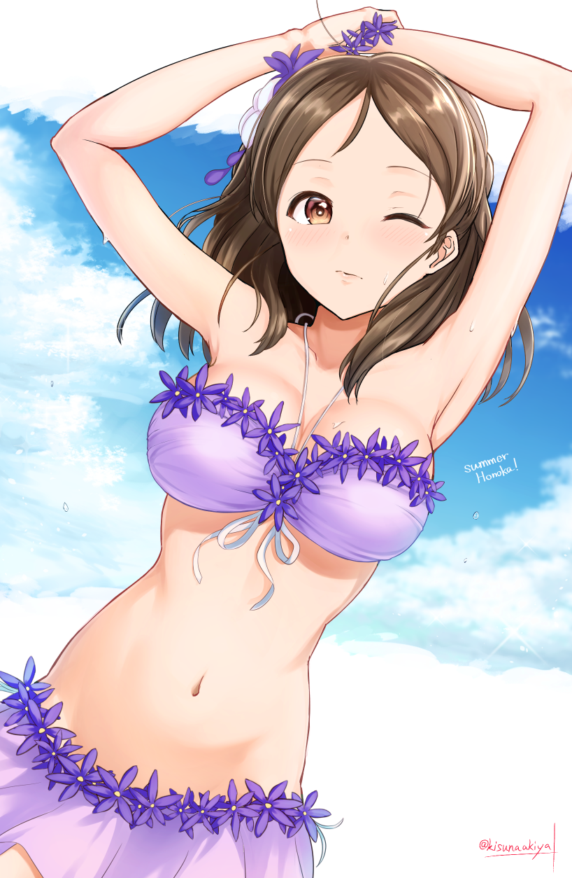 1girl, armpits, arms_up, artist_name, ayase_honoka, bikini, blush, breasts