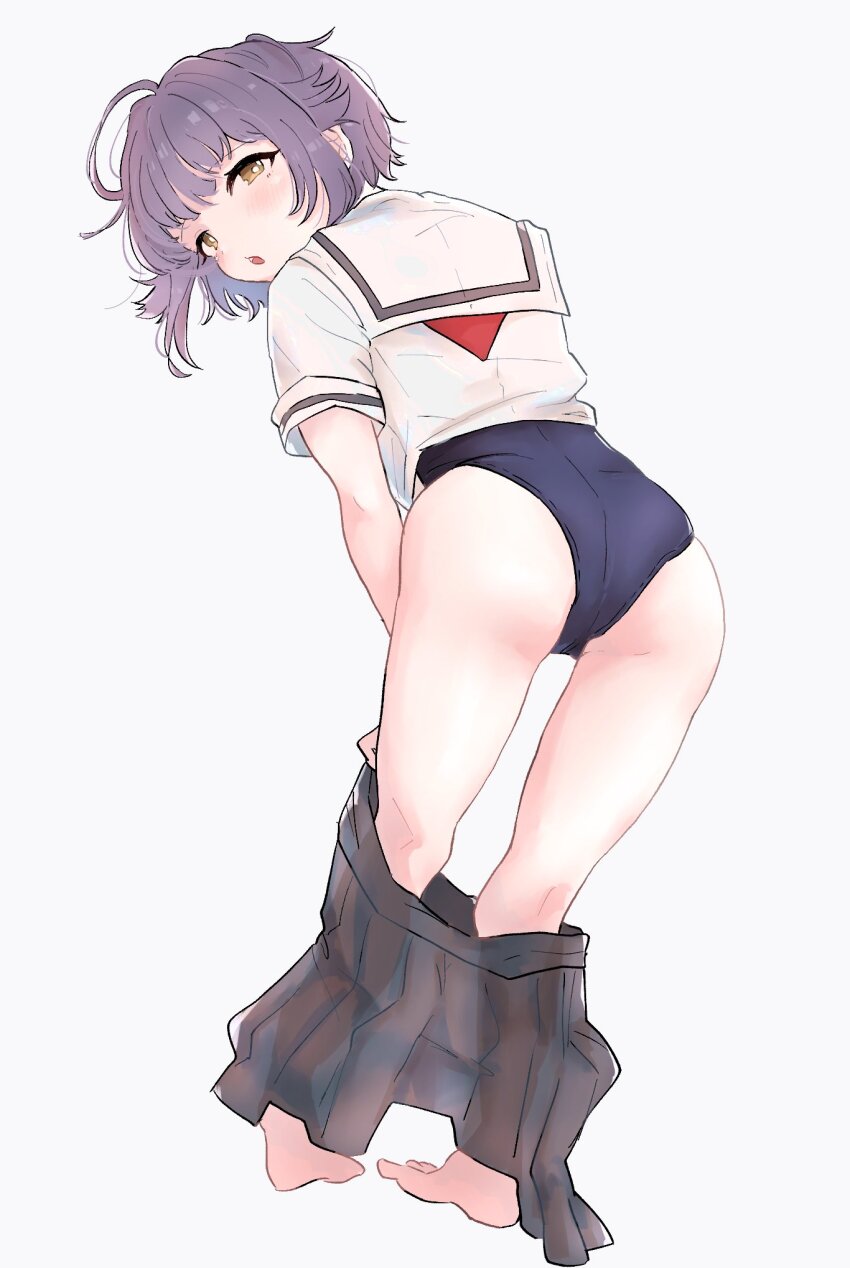 1girl, :o, ahoge, ass, bare_legs, barefoot, blue_one-piece_swimsuit, blush, clothes_pull, full_body, highres, idolmaster, idolmaster_cinderella_girls, katakata115489, koshimizu_sachiko, looking_at_viewer, looking_back, one-piece_swimsuit, purple_eyes, school_uniform, serafuku, simple_background, skirt, skirt_pull, solo, swimsuit, white_background