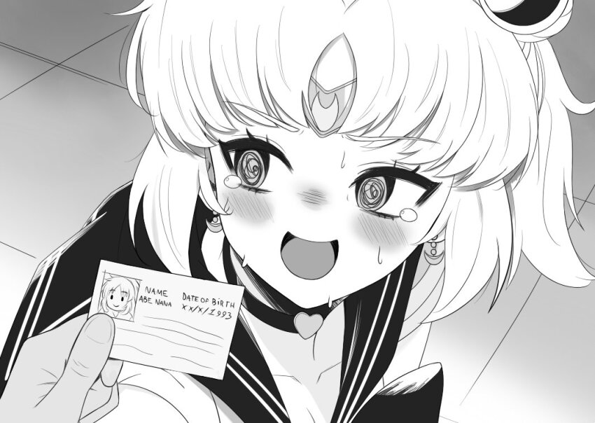 1girl, 1other, @_@, abe_nana, alzcats, bishoujo_senshi_sailor_moon, bishoujo_senshi_sailor_moon_s, choker, circlet, comic_panel_redraw, commentary, cosplay, crescent, crescent_earrings, derivative_work, double_bun, earrings, english_commentary, english_text, hair_bun, heart, heart_choker, holding, id_card, idolmaster, idolmaster_cinderella_girls, idolmaster_cinderella_girls_starlight_stage, jewelry, meme, open_mouth, parody, sailor_collar, sailor_moon, sailor_moon_(cosplay), sailor_moon_redraw_challenge_(meme), smile, solo_focus, sweat, tears, two_side_up