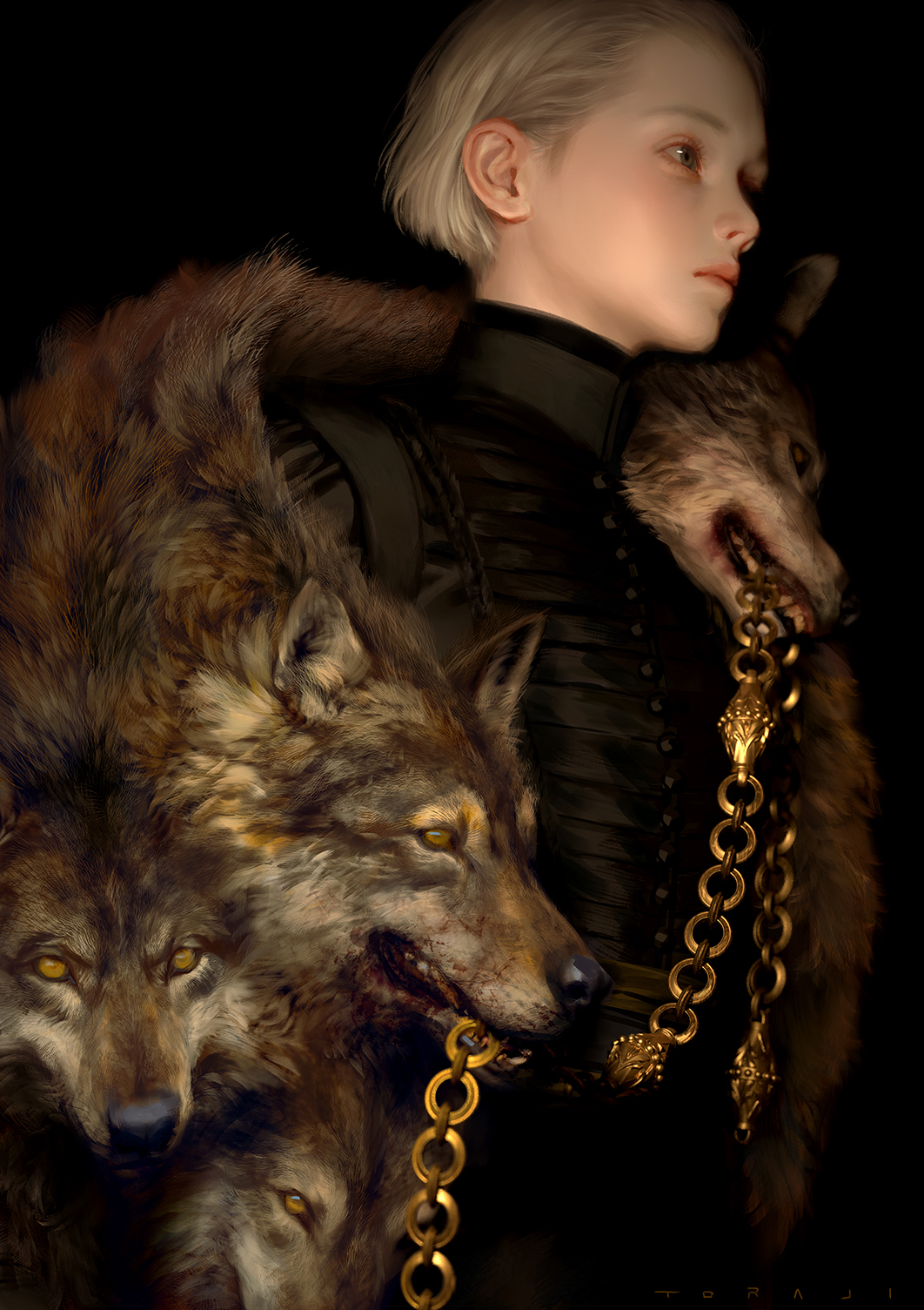 1girl, animal_scarf, black_background, blonde_hair, chain, closed_mouth, fur_scarf, gold_chain
