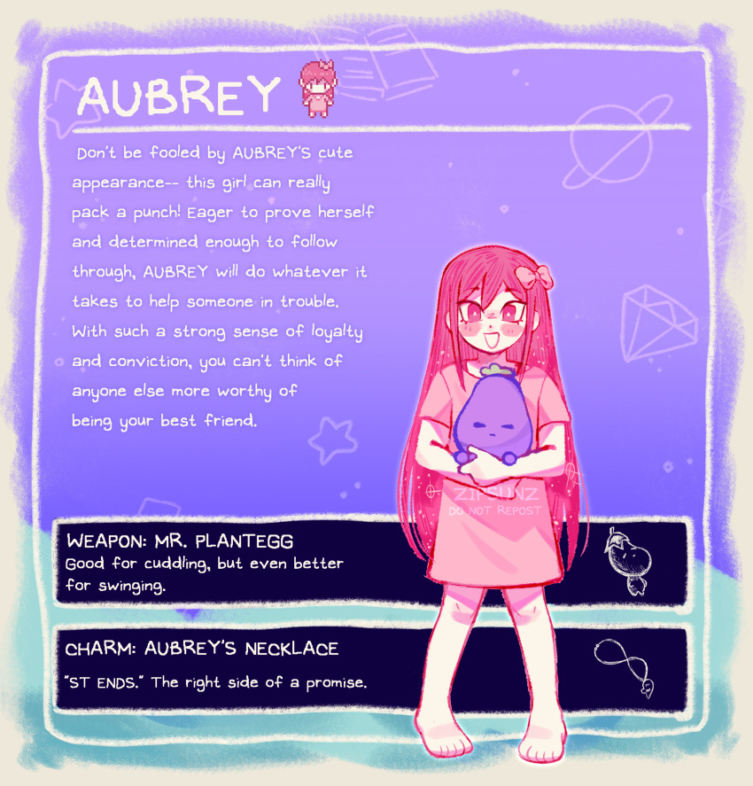 1girl, artist_name, aubrey_(omori), barefoot, blush, bow, character_name, colored_skin