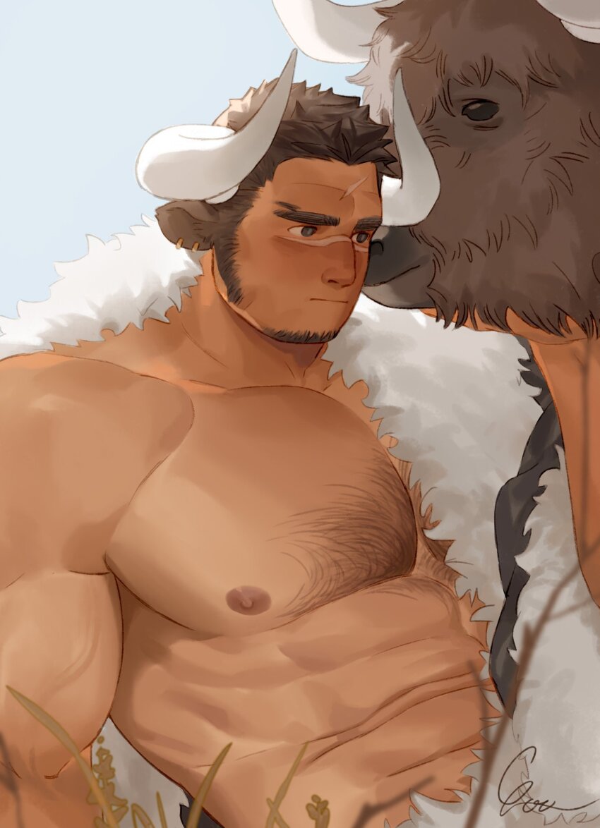 1boy, abs, animal, animal_ears, bara, chest_hair, closed_mouth, cow