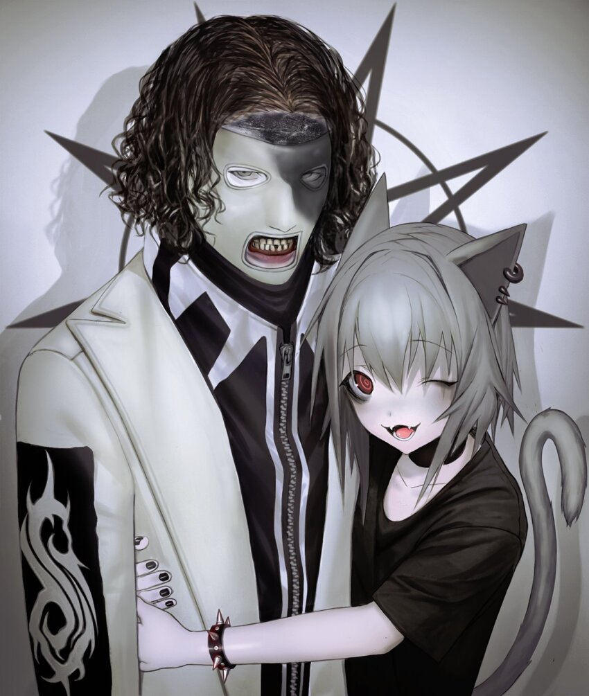 1boy, 1girl, animal_ears, black_nails, black_shirt, bracelet, cat_ears, cat_girl, cat_tail, corey_taylor, ear_piercing, grey_hair, grey_tail, highres, hug, jewelry, one_eye_closed, piercing, red_eyes, ro47, shirt, smile, solo, spiked_bracelet, spikes, tail, teeth