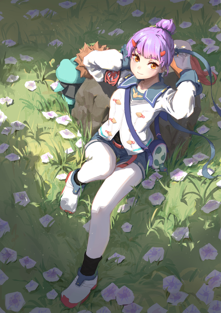 1girl, absurdres, armband, arms_behind_head, asuka-w, blue_ribbon, blue_shorts, fiona_(xenoblade)