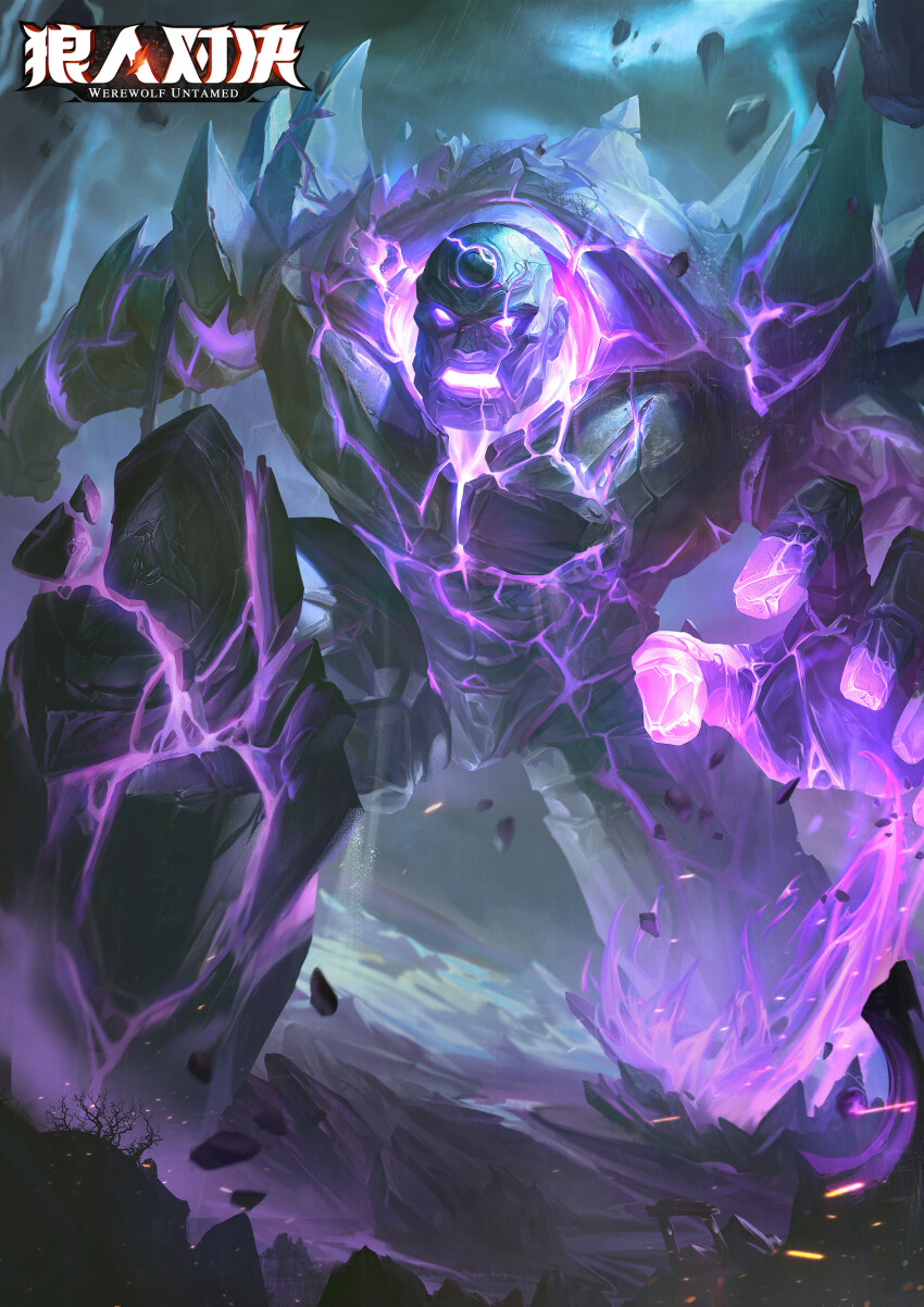 1other, absurdres, bare_tree, copyright_name, crystal, glowing, glowing_eyes, golem, highres, moonlightcat, official_art, outdoors, tree, werewolves_untamed