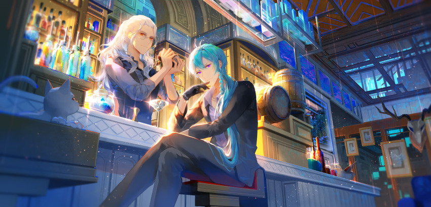 2boys, absurdres, bar_(place), black_cat, black_gloves, black_pants, black_vest, blue_hair