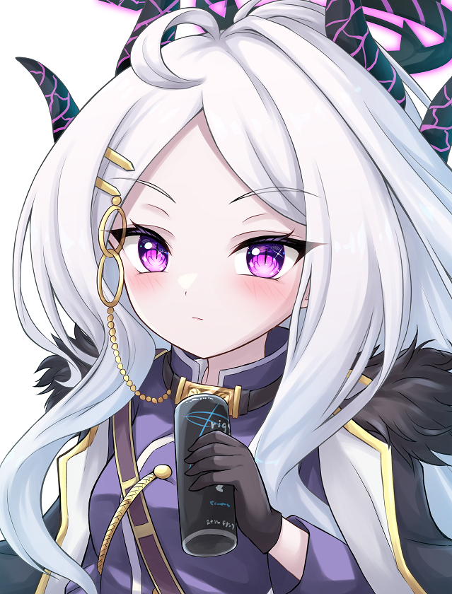 1girl, ahoge, belt, black_coat, black_gloves, blue_archive, can, coat