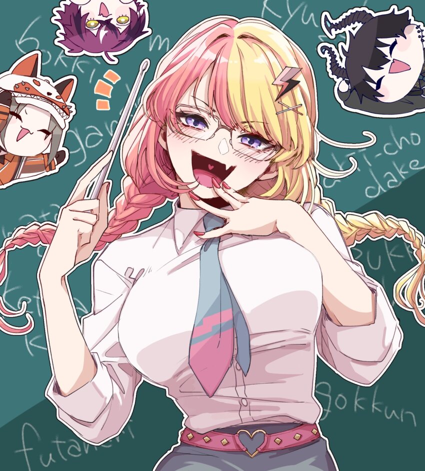 1girl, 3boys, alternate_costume, belt, black_hair, blonde_hair, blush, braid