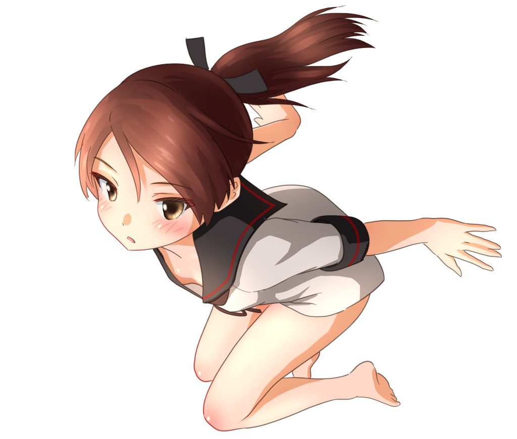 1girl, arched_back, barefoot, black_sailor_collar, brown_eyes, brown_hair, dated, downblouse
