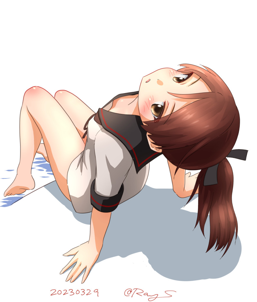 1girl, arched_back, barefoot, black_sailor_collar, brown_eyes, brown_hair, dated, kantai_collection