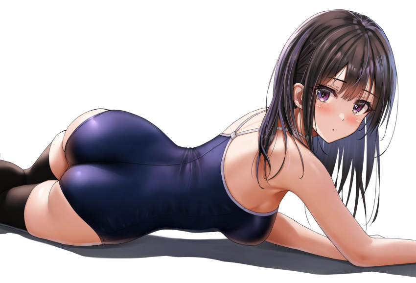 1girl, ass, black_hair, black_thighhighs, blue_one-piece_swimsuit, breasts, commentary_request, competition_school_swimsuit, feet_out_of_frame, from_behind, long_hair, looking_at_viewer, looking_back, lying, medium_breasts, on_side, one-piece_swimsuit, original, purple_eyes, school_swimsuit, shadow, simple_background, solo, swimsuit, thighhighs, white_background, yukemuriganmo