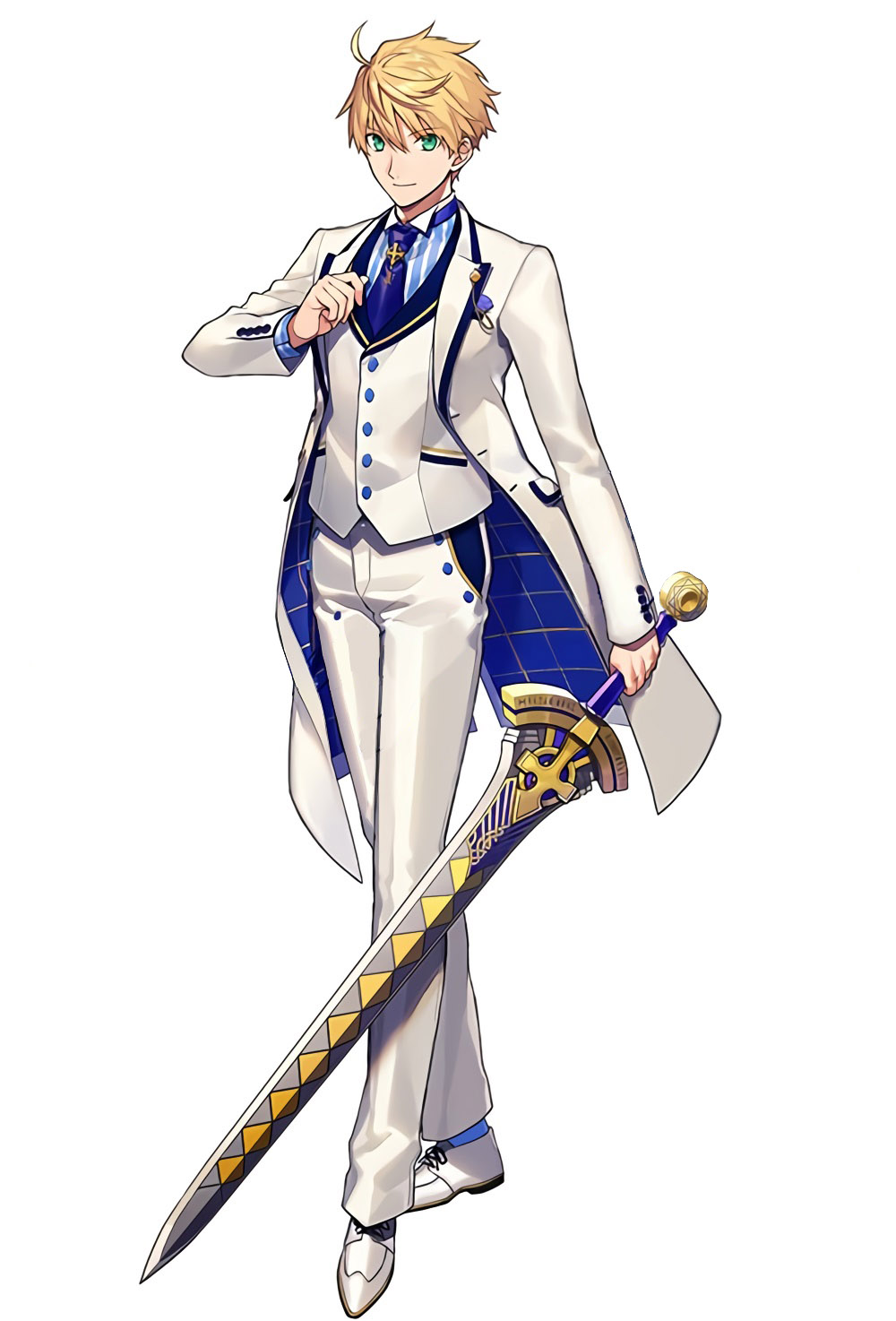 1boy, ;d, ahoge, alternate_costume, arthur_pendragon_(fate), arthur_pendragon_(white_rose)_(fate), blonde_hair, blue_flower