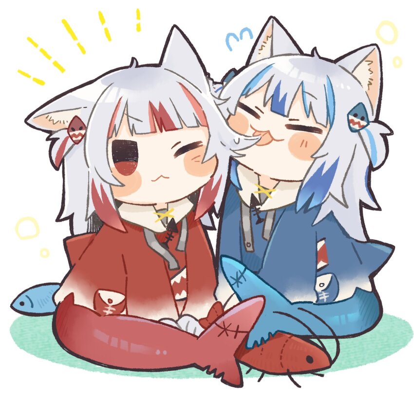 2girls, :3, :p, ;3, animal_ear_fluff, animal_ears, blue_hair, blunt_bangs