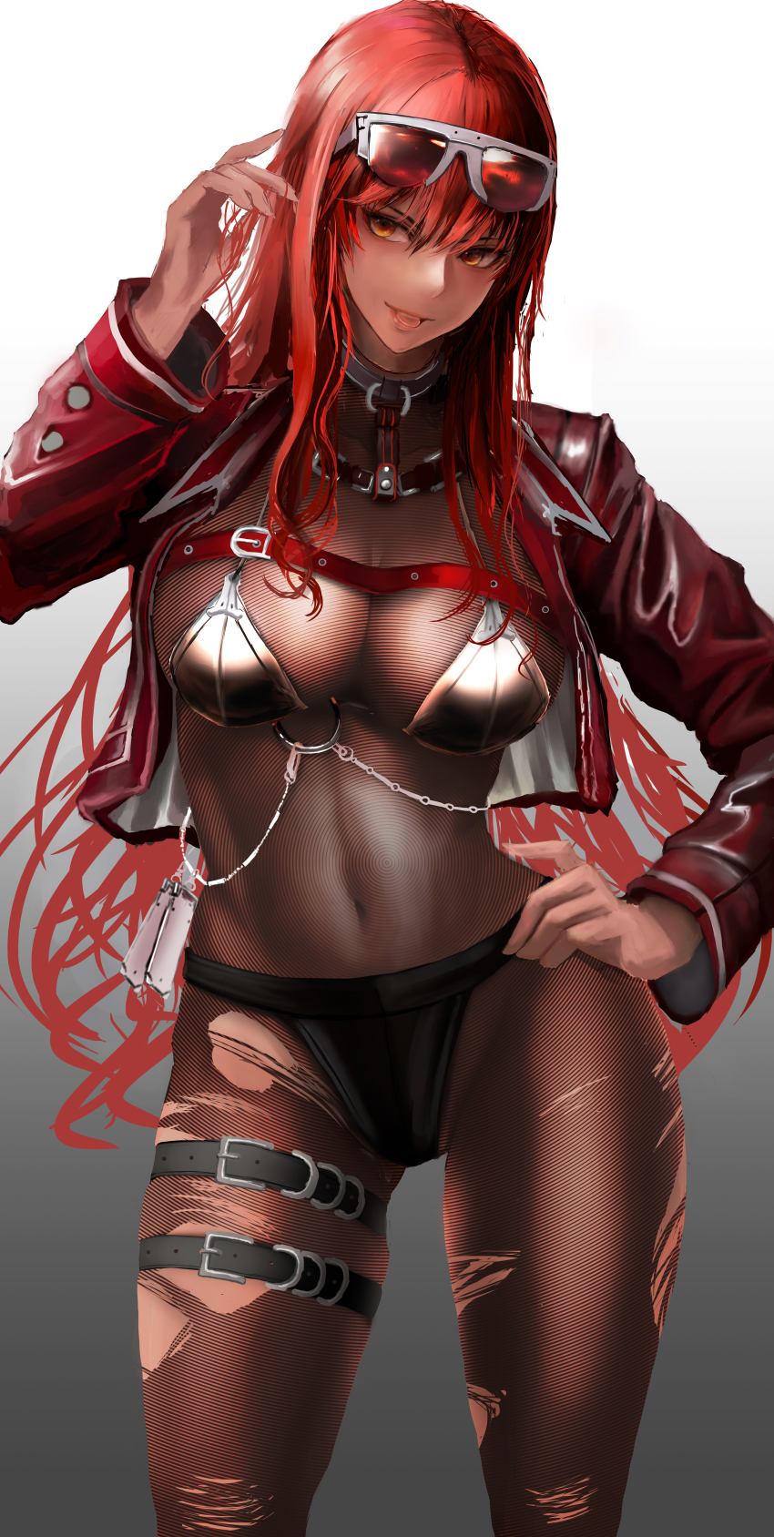 1girl, absurdres, arm_up, belt, bikini, bikini_over_clothes, black_bikini, bodystocking