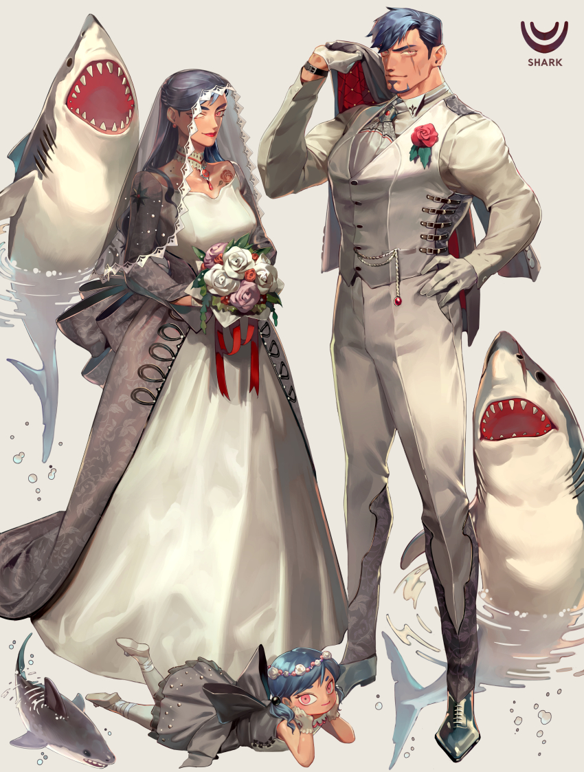 1boy, 2girls, absurdres, blue_hair, bouquet, child, dress, earrings, facial_hair, family, father_and_child, father_and_daughter, flower, formal_clothes, gloves, great_white_shark, grey_jacket, hair_ornament, hands_on_own_face, head_wreath, highres, holding, holding_bouquet, holding_jacket, holding_unworn_clothes, jacket, jewelry, lipstick, long_hair, long_sleeves, looking_at_viewer, lying, makeup, mature_female, mature_male, mother_and_child, mother_and_daughter, multiple_girls, muscular, muscular_male, necklace, necktie, original, pants, parent_and_child, pink_eyes, purple_flower, purple_rose, red_lips, robe, rose, scar, scar_across_eye, scar_on_face, shark, short_hair, smile, suit, tattoo, ueno_kishi, unworn_jacket, veil, watch, wedding, wedding_dress, white_background, white_flower, white_footwear, white_gloves, white_necktie, white_pants, white_robe, white_rose, white_suit, wristwatch