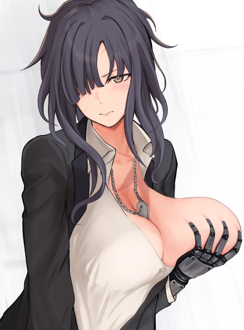 1girl, angelia_(girls'_frontline), black_hair, blush, breast_hold, breasts, deep_skin, girls'_frontline