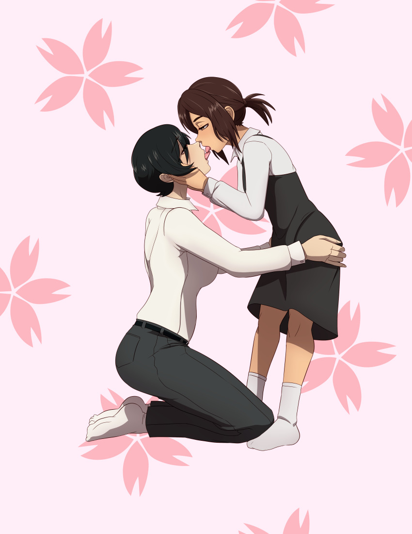 2girls, absurdres, age_difference, black_hair, breasts, brown_eyes, brown_hair, commission, commissioner_upload, female_focus, french_kiss, full_body, gabi_braun, height_difference, highres, kiss, kneeling, loli, m-a-v-e-r-i-c-k, medium_breasts, mikasa_ackerman, multiple_girls, non-web_source, onee-loli, pants, shingeki_no_kyojin, short_hair, tongue, tongue_out, yuri