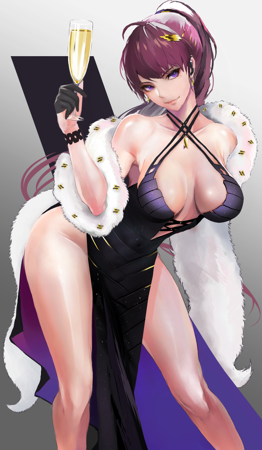 1girl, absurdres, bare_shoulders, bent_over, black_dress, black_footwear, black_gloves, breasts, champagne_flute, cleavage, cocktail_dress, collarbone, commentary, covered_navel, criss-cross_halter, cup, dolla_(dark_rose)_(nikke), dolla_(nikke), dress, drinking_glass, earpiece, feather_boa, gloves, goddess_of_victory:_nikke, hair_ornament, hairclip, half_gloves, halterneck, highres, holding, kyel_hyde, large_breasts, legs, long_hair, looking_at_viewer, mole, mole_under_eye, multi-strapped_dress, navel, no_bra, no_panties, official_alternate_costume, pelvic_curtain, ponytail, purple_eyes, purple_hair, see-through_silhouette, sleeveless, sleeveless_dress, solo, spaghetti_strap, standing, thighs