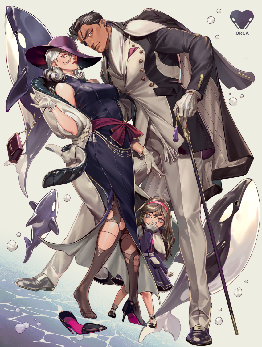 1boy, 2girls, absurdres, bag, black_coat, black_dress, black_footwear, black_hair