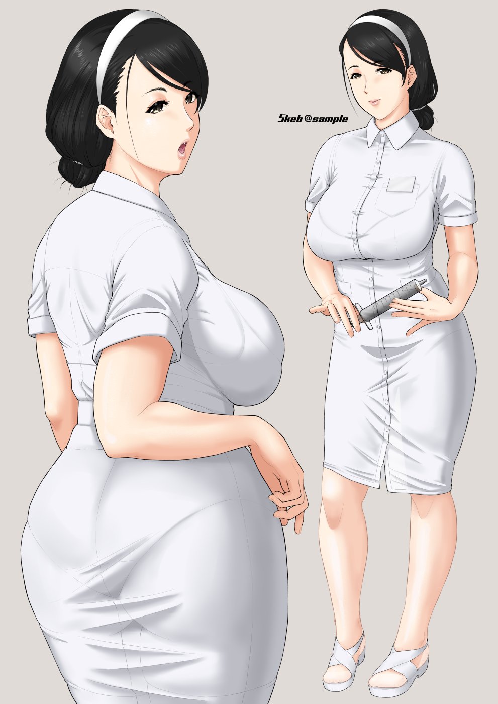 1girl, ass, black_eyes, black_hair, bra_visible_through_clothes, breasts, collared_dress, commission