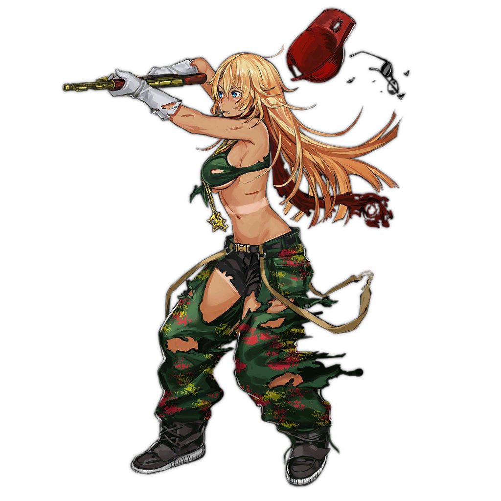 1girl, aiming, ak-47, ak-47_(girls'_frontline), ak-47_(lord_of_war)_(girls'_frontline), assault_rifle, baseball_cap, black_boots, black_shorts, blonde_hair, blue_eyes, blush, boots, breasts, broken_eyewear, buckle, bullet_hole, bullet_in_mouth, chaps, colored_shoe_soles, cuts, full_body, girls'_frontline, gloves, gold_necklace, golden_gun, green_pants, green_shirt, groin, gun, hair_between_eyes, hat, holding, holding_gun, holding_weapon, infukun, injury, jewelry, kalashnikov_rifle, large_breasts, long_hair, mouth_hold, navel, necklace, official_alternate_costume, official_art, pants, red_hat, red_scarf, red_star, rifle, scarf, shirt, shorts, sideboob, simple_background, snap-fit_buckle, solo, star_(symbol), sunglasses, tan, tank_top, tanline, tied_shirt, torn_clothes, torn_pants, torn_scarf, torn_shirt, transparent_background, untied_shoelaces, unworn_hat, unworn_headwear, weapon, white_gloves