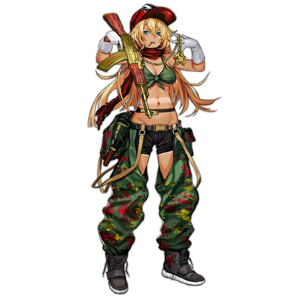 1girl, ak-47, ak-47_(girls'_frontline), ak-47_(lord_of_war)_(girls'_frontline), assault_rifle, baseball_cap, belt_pouch, black_boots, black_shorts, blonde_hair, blue_eyes, boots, bottle, breasts, buckle, bullet_in_mouth, chaps, colored_shoe_soles, eyewear_on_head, full_body, girls'_frontline, gloves, gold_necklace, golden_gun, green_pants, green_shirt, groin, gun, hair_between_eyes, hat, holding, holding_gun, holding_jewelry, holding_necklace, holding_weapon, infukun, jewelry, kalashnikov_rifle, large_breasts, long_hair, looking_at_viewer, mouth_hold, navel, necklace, official_alternate_costume, official_art, pants, pouch, red_hat, red_scarf, red_star, rifle, scarf, shirt, shorts, simple_background, snap-fit_buckle, solo, star_(symbol), sunglasses, tan, tank_top, tanline, tied_shirt, transparent_background, trigger_discipline, untied_shoelaces, weapon, white_gloves