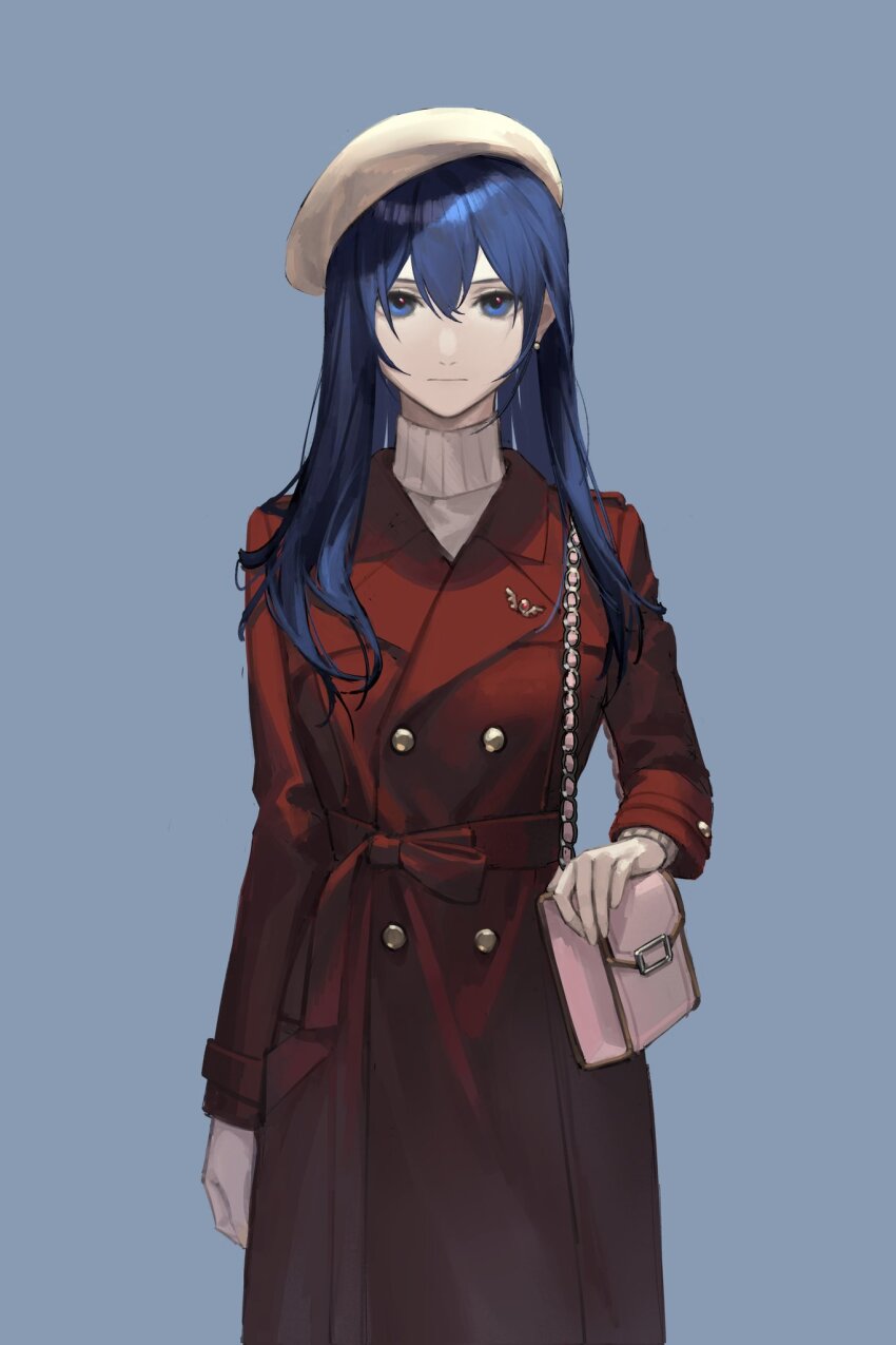 1girl, alternate_costume, bag, blue_eyes, blue_hair, buttons, caeda_(fire_emblem), closed_mouth