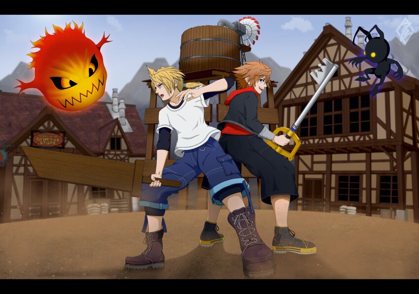 absurdres, back-to-back, battle, black_jacket, black_pants, bomb_(final_fantasy), buster_sword, cloud_strife, denim, fighting_stance, final_fantasy, final_fantasy_vii, heartless, highres, holding, holding_weapon, hood, hood_down, hooded_jacket, jacket, keyblade, kingdom_hearts, layered_clothes, monster, mountainous_horizon, nazyrus07, nibelheim, pants, ponytail, shirt, sora_(kingdom_hearts), square_enix, sword, t-shirt, town, video_game, village, water_tank, weapon, wooden_sword