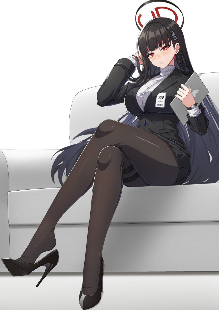1girl, alternate_costume, black_footwear, black_hair, black_jacket, black_pantyhose, black_skirt, blue_archive