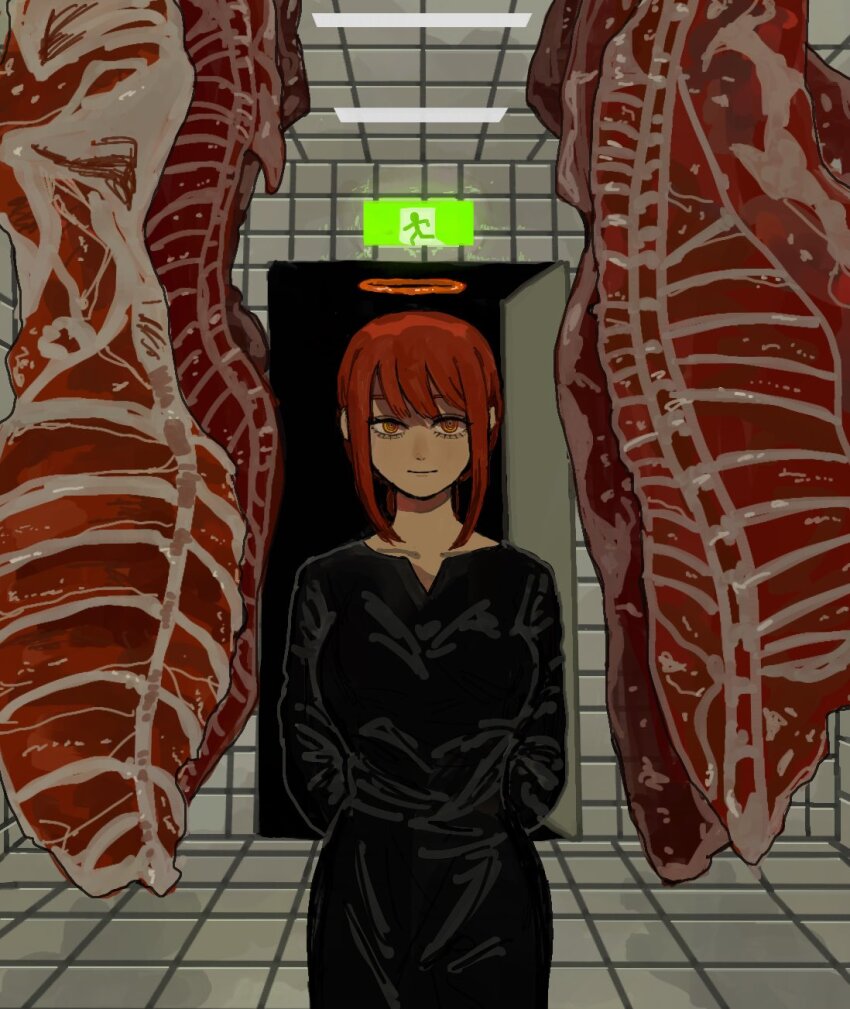 1girl, arms_behind_back, black_dress, braid, braided_ponytail, chainsaw_man, dress, exit_sign