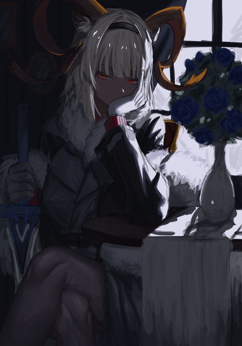 1girl, absurdres, animal_ears, arknights, black_coat, blue_flower, bouquet, carnelian_(arknights)
