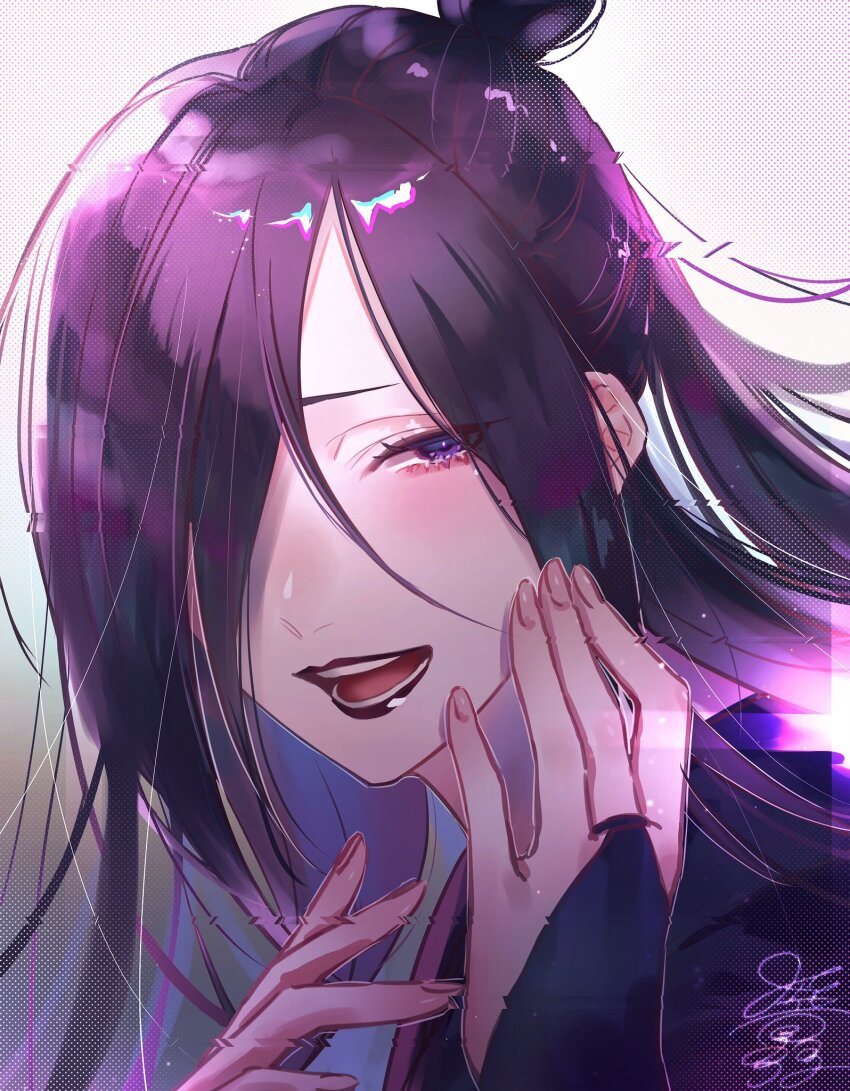 1other, black_hair, black_lips, blush, bridal_gauntlets, glitch, hair_bun, halftone, highres, himari_(_h_i8), jigokuraku, long_hair, looking_at_viewer, open_mouth, purple_eyes, purple_theme, shija, signature, single_hair_bun, smile, solo