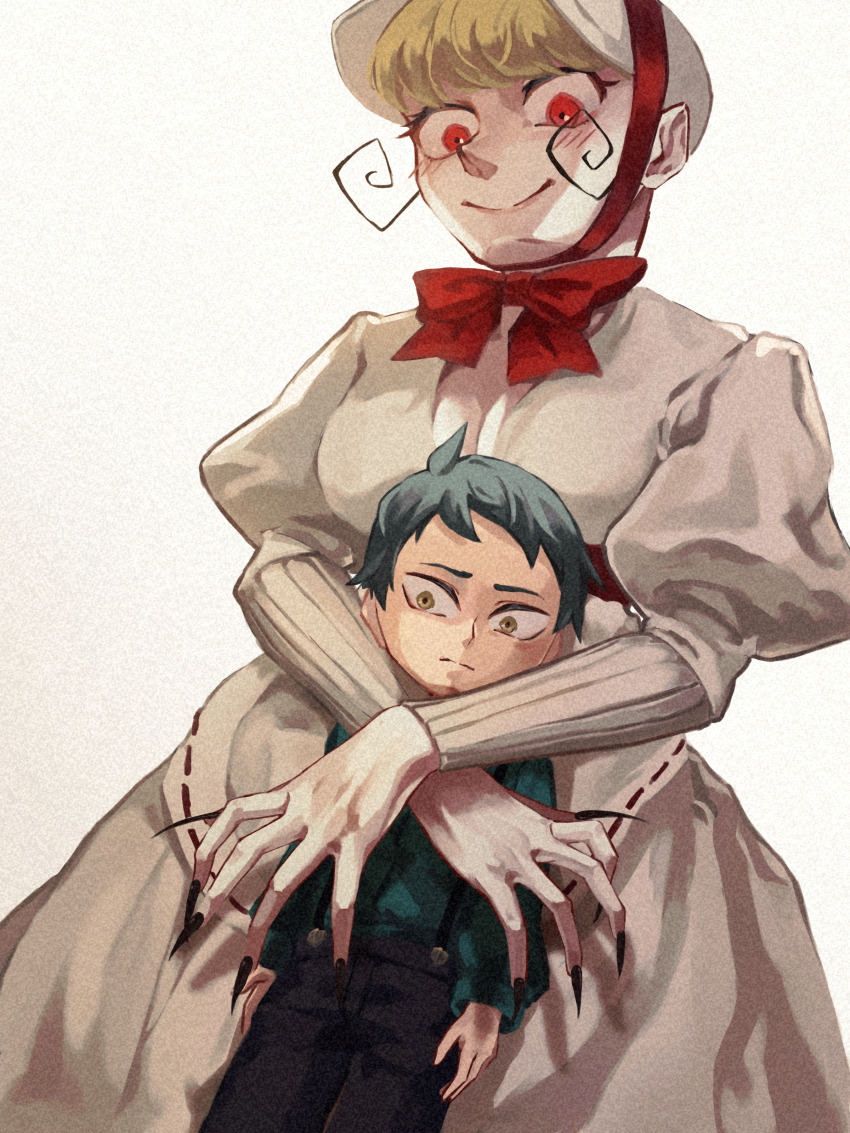 1boy, 1girl, absurdres, black_hair, black_nails, black_pants, blonde_hair, bow