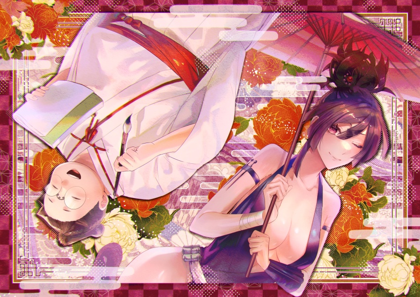 1boy, 1girl, absurdres, armband, bandaged_arm, bandages, breasts, chonmage