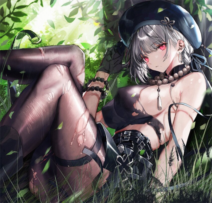 1girl, black_gloves, black_hat, black_pantyhose, breasts, collar, earrings, feet_out_of_frame, forest, gloves, grass, grey_hair, hair_between_eyes, hand_on_headwear, hand_up, hat, highres, jewelry, knees_up, large_breasts, leaf, legs, looking_at_viewer, nana_tetra, nature, outdoors, pantyhose, red_eyes, sanhua_(wuthering_waves), short_hair, sitting, sleeveless, solo, sunlight, thigh_strap, torn_clothes, torn_pantyhose, tree, wuthering_waves