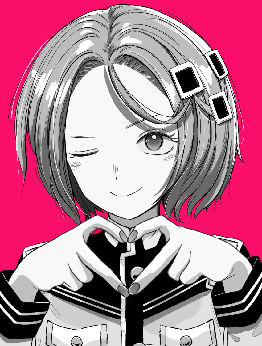 1boy, ;), angou_gakuen_no_iroha, finger_heart, hair_ornament, hands_up, highres, irohazaka_iroha