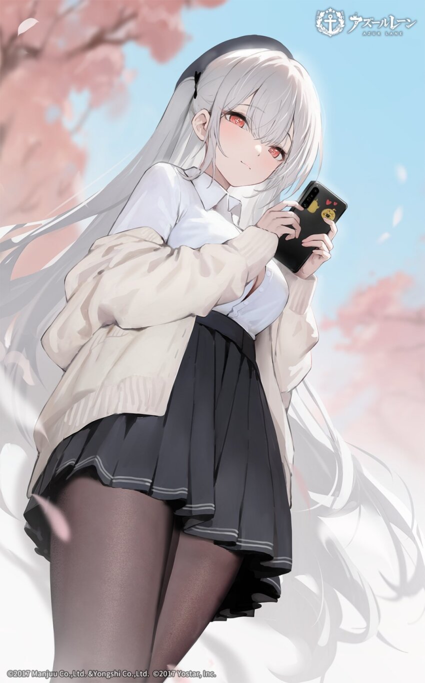 1girl, azur_lane, black_skirt, blue_sky, blurry, blurry_background, breasts, cardigan