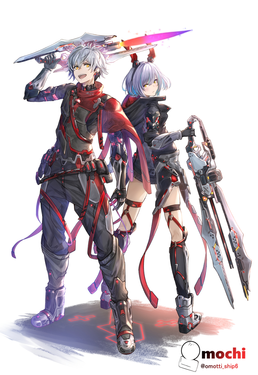 1boy, 1girl, blush, bob_cut, earrings, full_body, grey_hair, gunblade