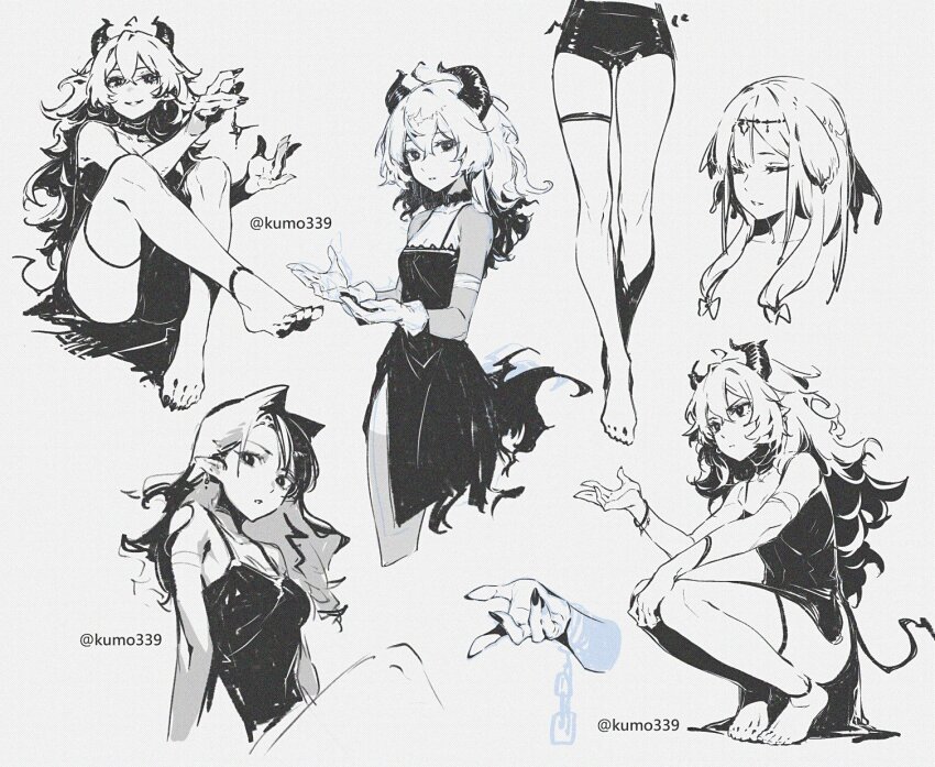 1girl, anklet, barefoot, black_dress, breasts, choker, commentary, cropped_head