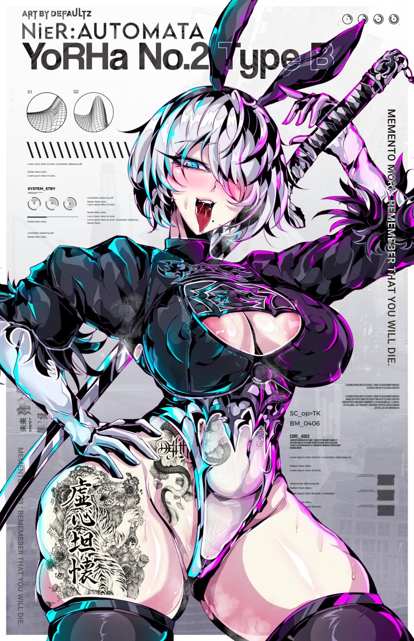 1girl, 2b_(nier:automata), absurdres, animal_ear_headwear, animal_ears, areola_slip, artist_name, black_boots, blue_eyes, blush, boots, breasts, character_name, cleavage, cleavage_cutout, clothing_cutout, covered_erect_nipples, covered_navel, cowboy_shot, defaultz, elbow_gloves, english_text, fake_animal_ears, feather-trimmed_sleeves, female_pubic_hair, gloves, gradient_background, grey_hair, hair_over_one_eye, hand_on_own_hip, highres, katana, large_breasts, leg_tattoo, leotard, long_sleeves, mole, mole_under_mouth, nier:automata, nier_(series), pubic_hair, rabbit_ears, short_hair, solo, stomach_tattoo, sweat, sword, sword_on_back, tattoo, thigh_boots, tiger_tattoo, tongue, tongue_out, weapon, weapon_on_back, white_gloves, white_leotard