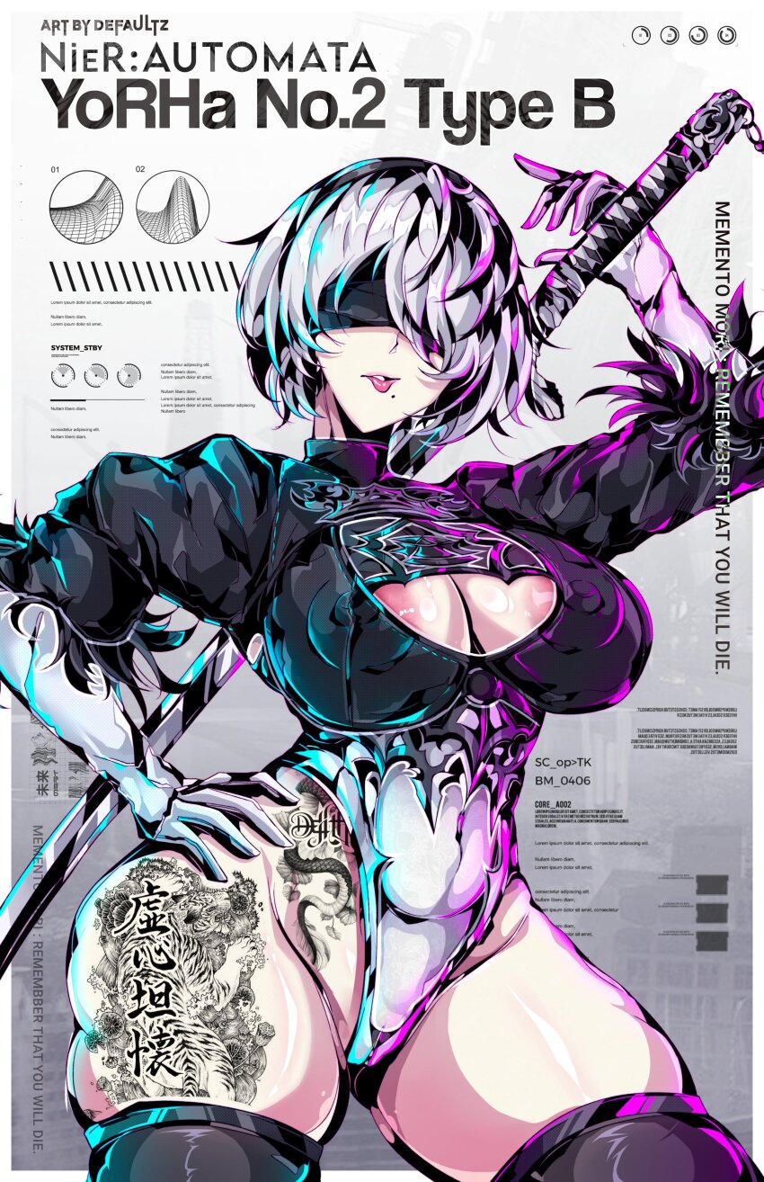 1girl, 2b_(nier:automata), absurdres, areola_slip, artist_name, black_boots, black_hairband, blindfold