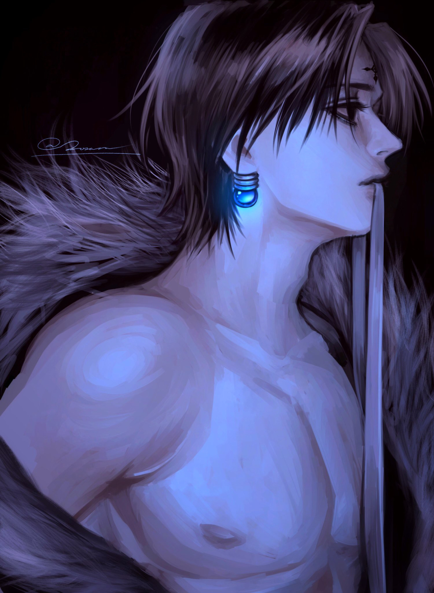 1boy, abs, black_eyes, black_hair, black_jacket, blue_theme, chrollo_lucilfer, earrings